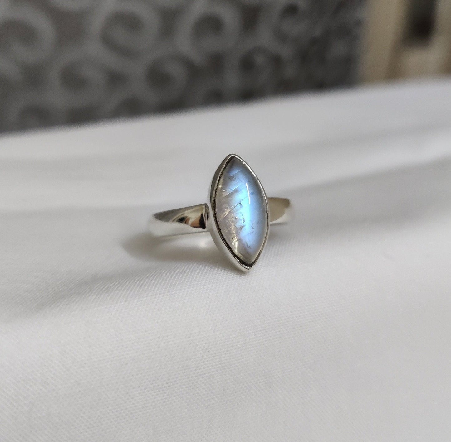 Blue Flash Rainbow Moonstone Ring, Marquise Gemstone Ring, 925 Sterling Silver Ring, Moonstone Cabochon Jewelry, Proposal Ring for Her