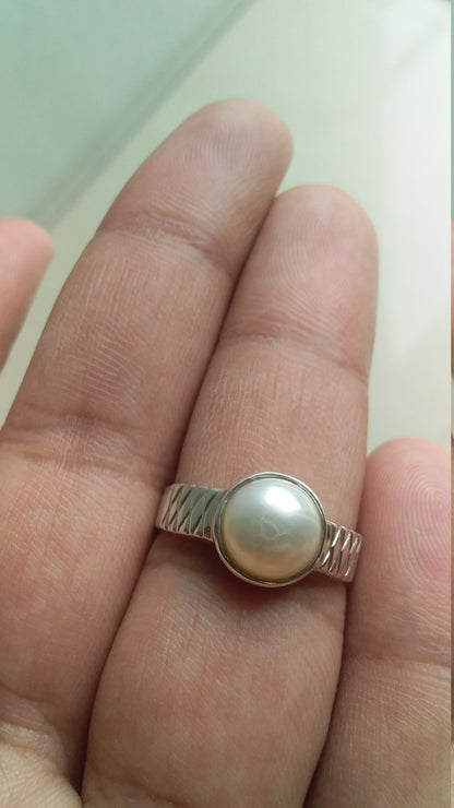 Pearl Ring, 925 Sterling Silver Ring, White Peal Jewelry, Promise Ring Jewelry, Cabochon Gemstone Ring, Gift for Her Ring size 7, 7.5, 8.5