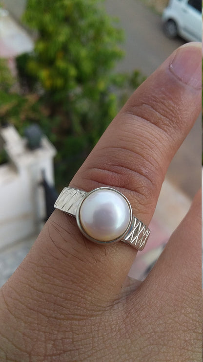 Pearl Ring, 925 Sterling Silver Ring, White Peal Jewelry, Promise Ring Jewelry, Cabochon Gemstone Ring, Gift for Her Ring size 7, 7.5, 8.5