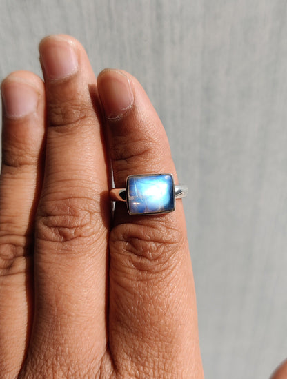 Blue Flashy Rainbow Moonstone Ring, 925 Sterling Silver Ring, Moonstone Cabochon Ring, Rectangle Stone Ring, Birth Gemstone Ring