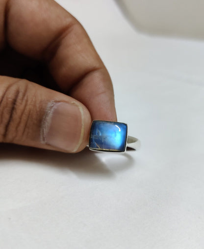 Blue Flashy Rainbow Moonstone Ring, 925 Sterling Silver Ring, Moonstone Cabochon Ring, Rectangle Stone Ring, Birth Gemstone Ring