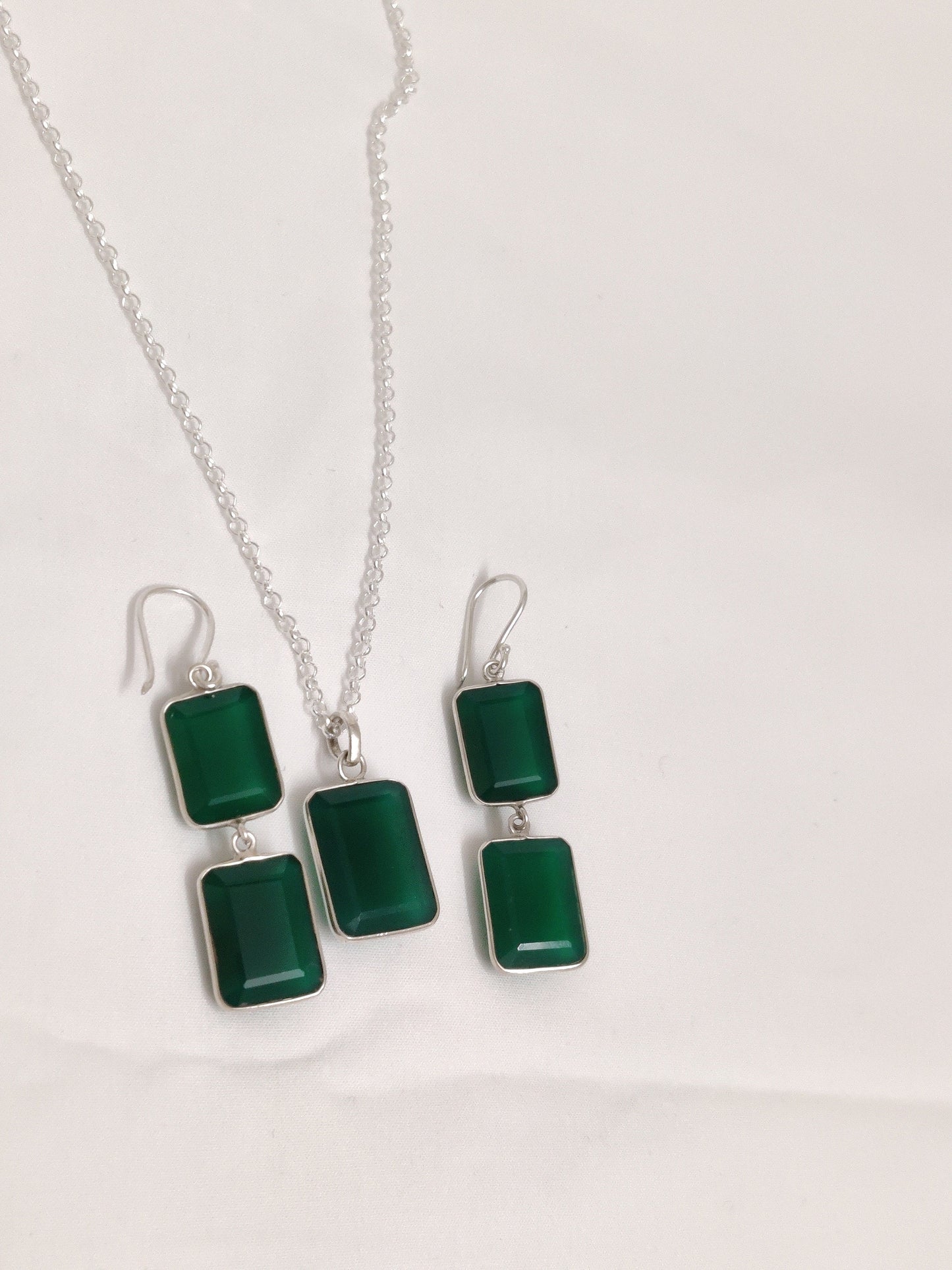 Green Onyx Earring Necklace Set, Dual Stone Earrings, Onyx Pendant Necklace, Green Onyx Jewelry, Bridesmaid Jewelry, Gift for Her