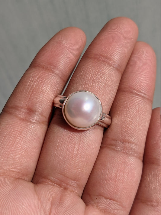 Genuine pearl ring, Handmade round shape gemstone ring, Pearl silver ring, White pearl ring, Women silver ring, 925 sterling silver rings