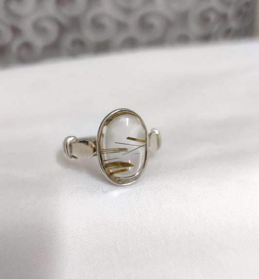 Golden Rutilated Quartz Ring, Rutile Quartz Ring, Natural Gemstone Ring, Cabochon Stone Ring, Handmade Gift for Her, 925 Sterling Silver