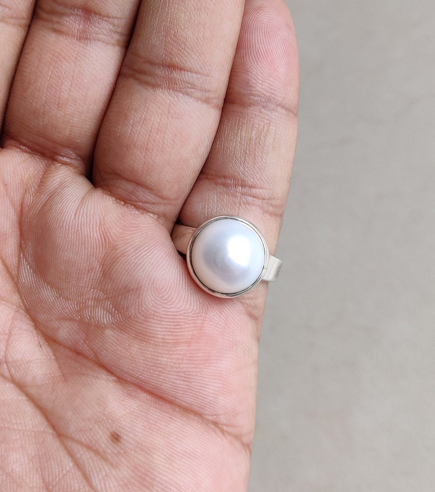 Silver Pearl Ring, White Pearl Jewelry, 925 Sterling Silver, Cabochon Stone Ring, Engagement, Promise Ring, Handmade Gift for Her