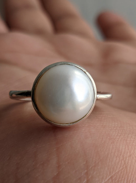 White Pearl Ring, 925 Solid Sterling Silver Ring, Cabochon Pearl Jewelry, Rings for Women, June Birthstone Ring, Handmade Gift for Her