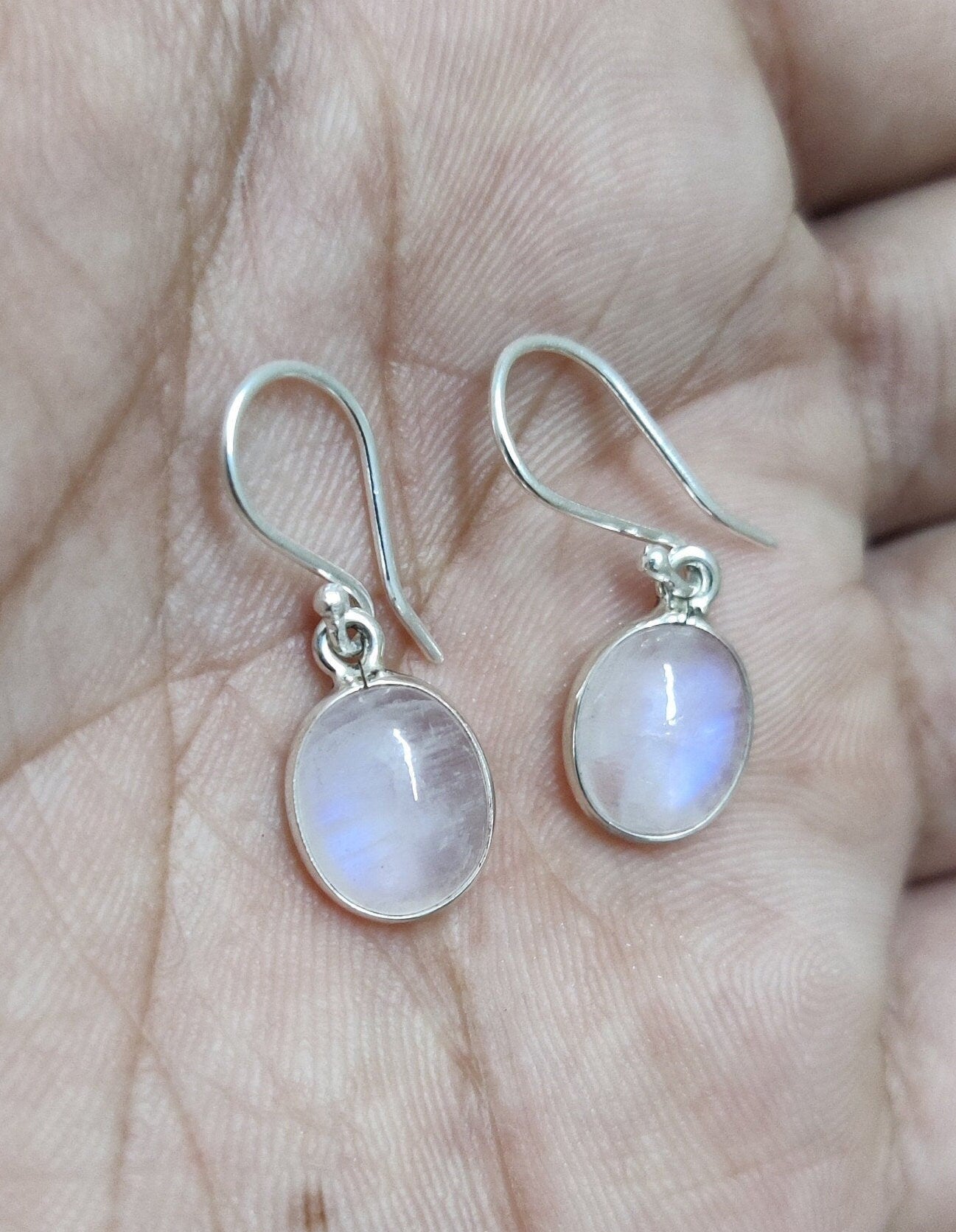 Rainbow Moonstone Earrings, 925 Sterling Silver, Blue Flash Moonstone Jewelry, Cabochon Stone Earrings, White Gemstone Earrings Gift for Her