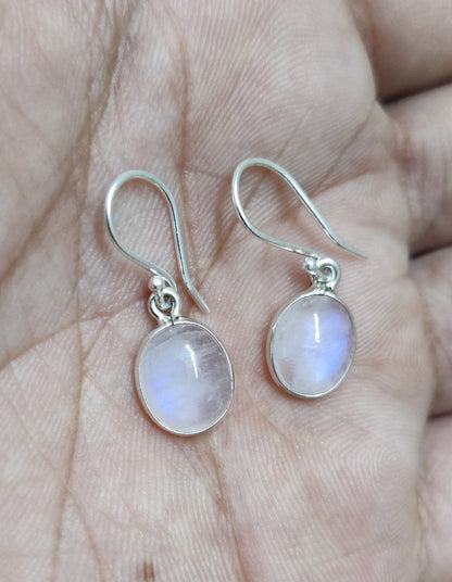 Rainbow Moonstone Earrings, 925 Sterling Silver, Blue Flash Moonstone Jewelry, Cabochon Stone Earrings, White Gemstone Earrings Gift for Her