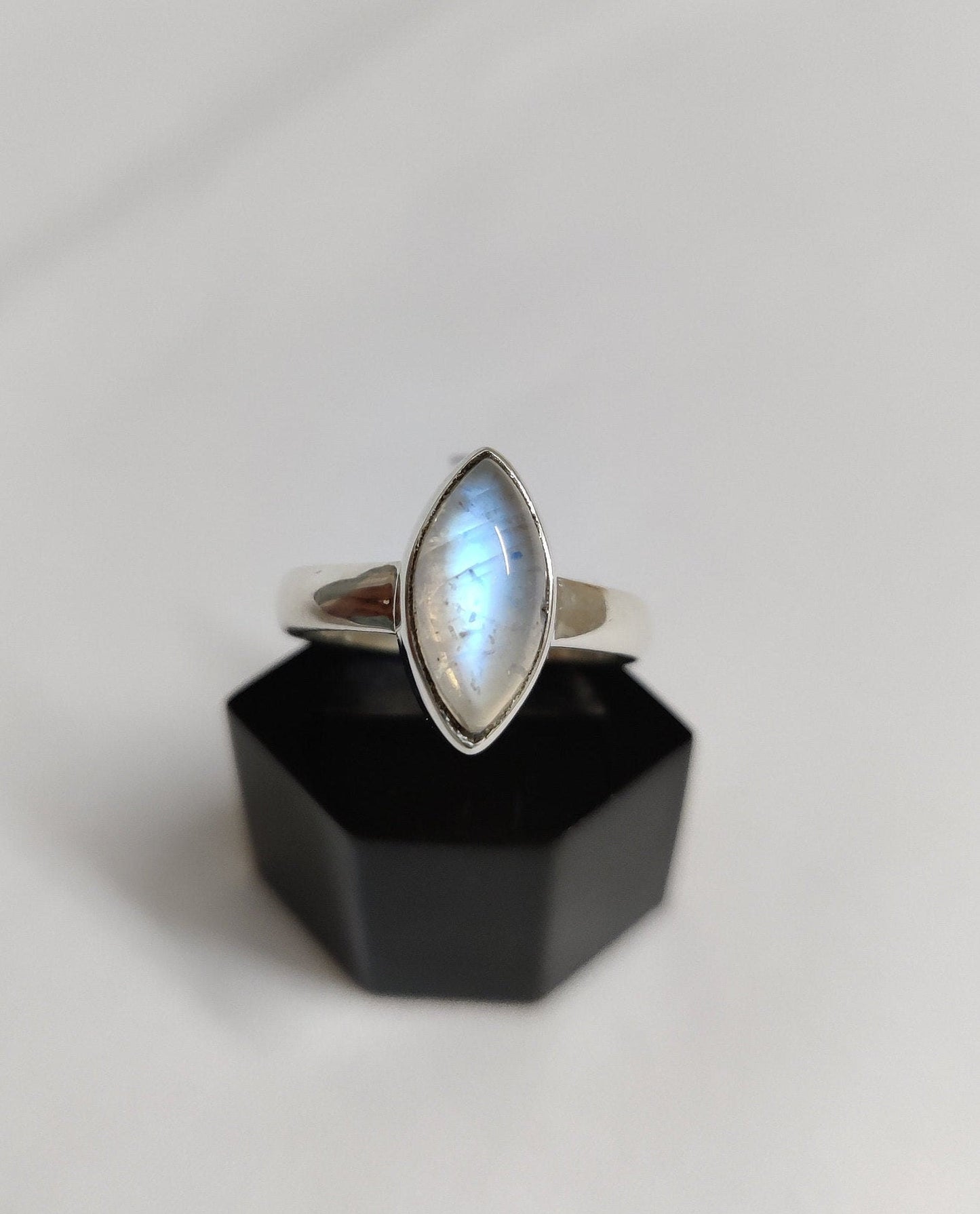 Blue Flash Rainbow Moonstone Ring, Marquise Gemstone Ring, 925 Sterling Silver Ring, Moonstone Cabochon Jewelry, Proposal Ring for Her