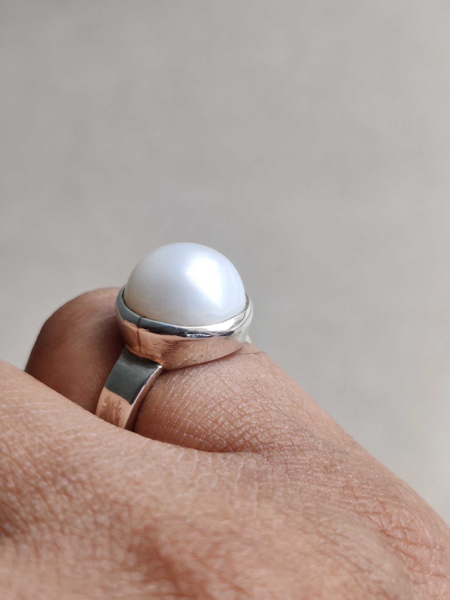 Silver Pearl Ring, White Pearl Jewelry, 925 Sterling Silver, Cabochon Stone Ring, Engagement, Promise Ring, Handmade Gift for Her