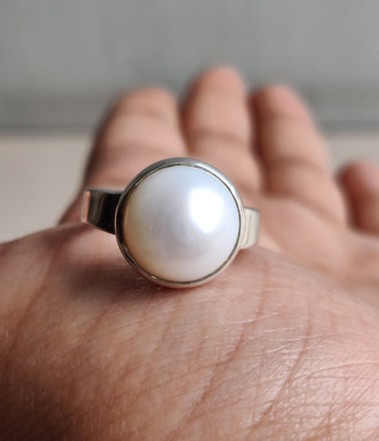 Silver Pearl Ring, White Pearl Jewelry, 925 Sterling Silver, Cabochon Stone Ring, Engagement, Promise Ring, Handmade Gift for Her