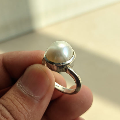 Designer Pearl Ring, Off White Cream Pearl Silver Handmade Ring, Ring for Women, Solid Silver Ring, gemstone ring women, ring size 7.5