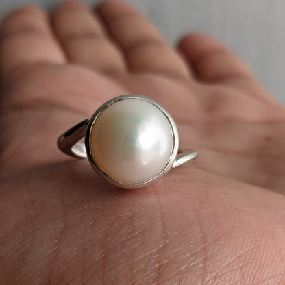 Designer Pearl Ring, Off White Cream Pearl Silver Handmade Ring, Ring for Women, Solid Silver Ring, gemstone ring women, ring size 7.5