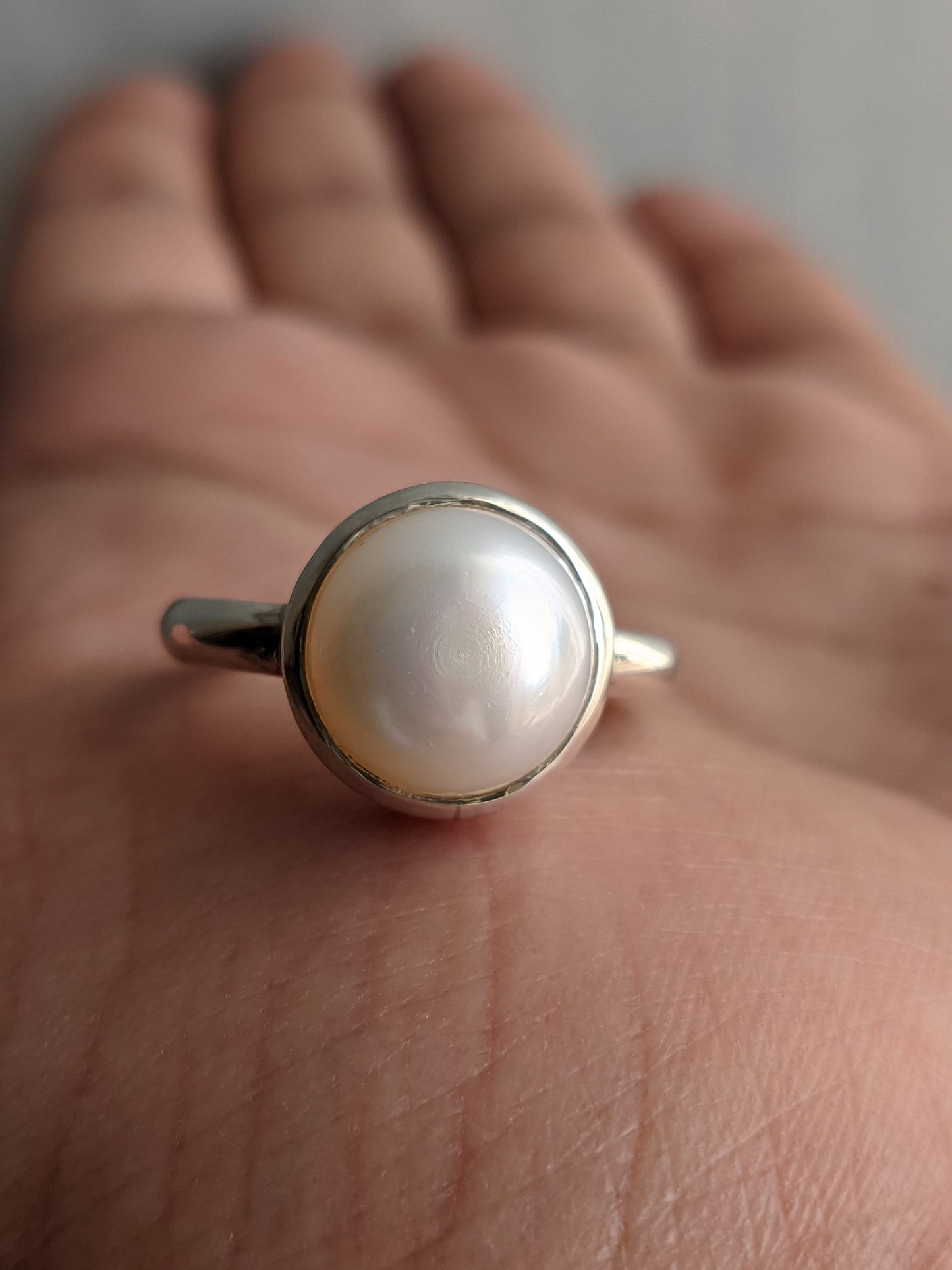 Sterling Silver Pearl Ring, Round Cabochon Stone Ring, Handmade Gift for Her, June Birthstone Ring, White Pearl Jewelry, Rings for Women