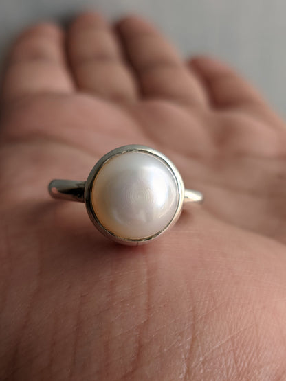 Sterling Silver Pearl Ring, Round Cabochon Stone Ring, Handmade Gift for Her, June Birthstone Ring, White Pearl Jewelry, Rings for Women