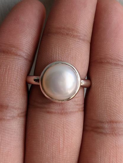 Sterling Silver Pearl Ring, Round Cabochon Stone Ring, Handmade Gift for Her, June Birthstone Ring, White Pearl Jewelry, Rings for Women