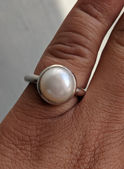 Sterling Silver Pearl Ring, Round Cabochon Stone Ring, Handmade Gift for Her, June Birthstone Ring, White Pearl Jewelry, Rings for Women