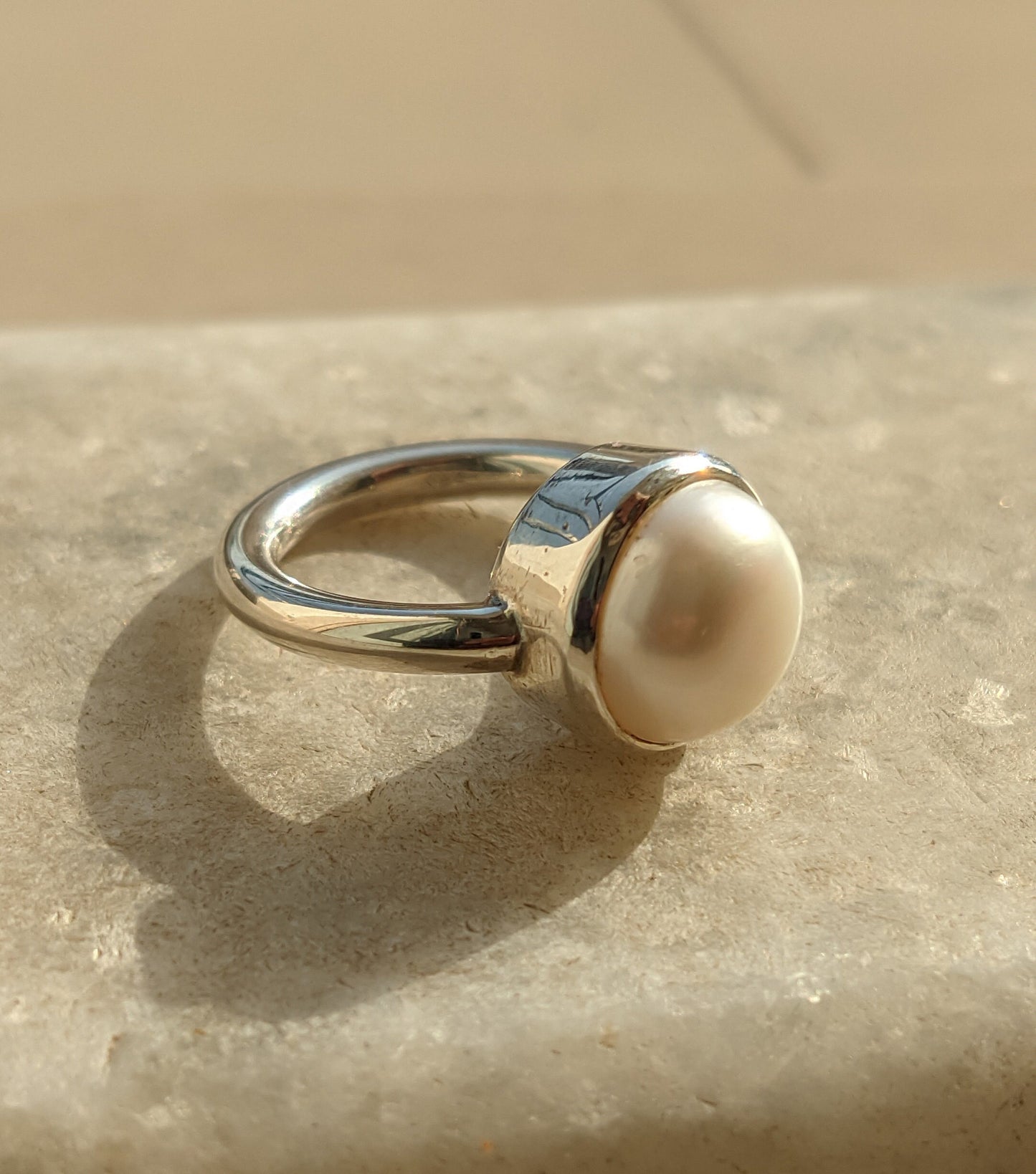 Sterling Silver Pearl Ring, Round Cabochon Stone Ring, Handmade Gift for Her, June Birthstone Ring, White Pearl Jewelry, Rings for Women