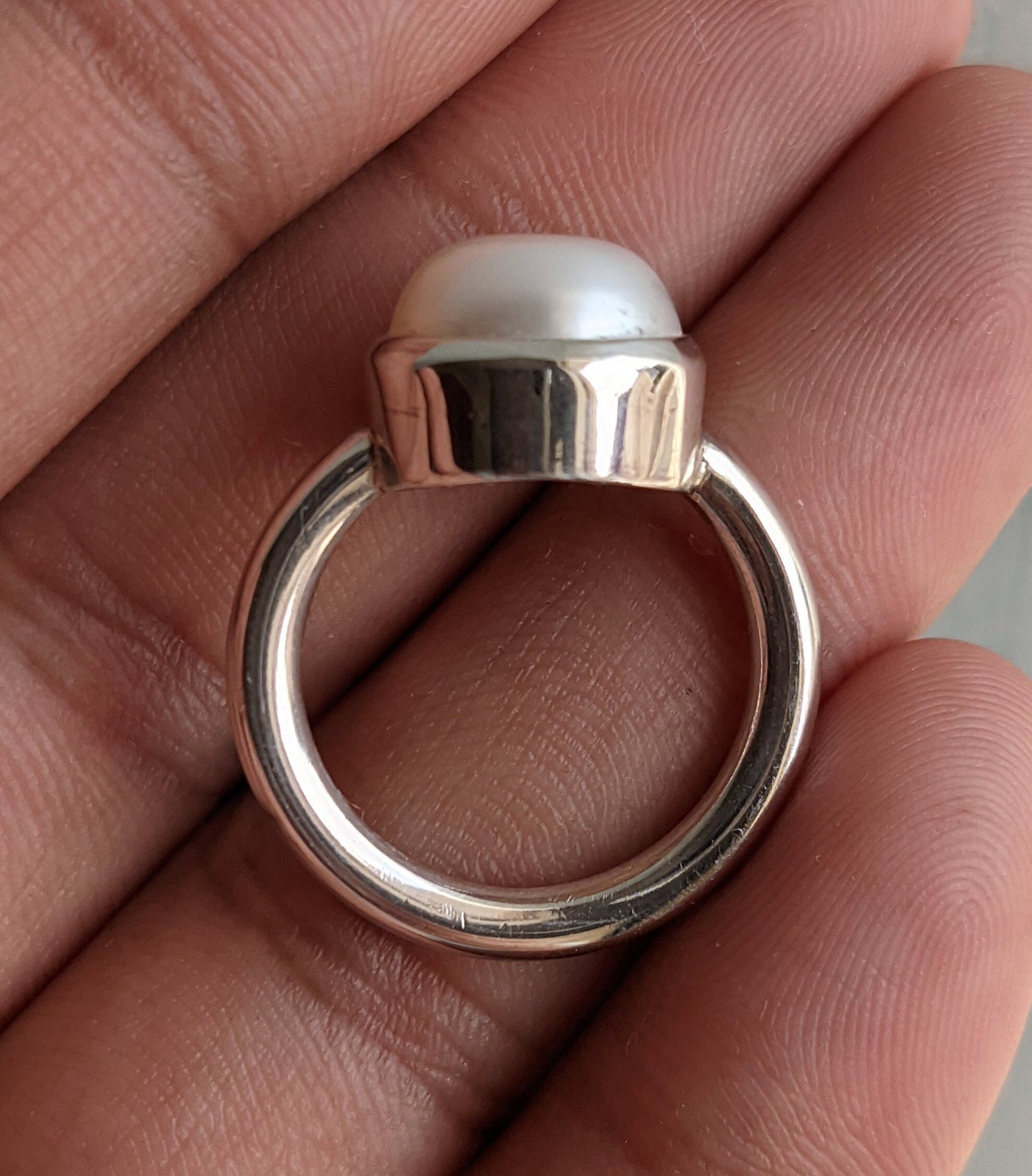 Sterling Silver Pearl Ring, Round Cabochon Stone Ring, Handmade Gift for Her, June Birthstone Ring, White Pearl Jewelry, Rings for Women