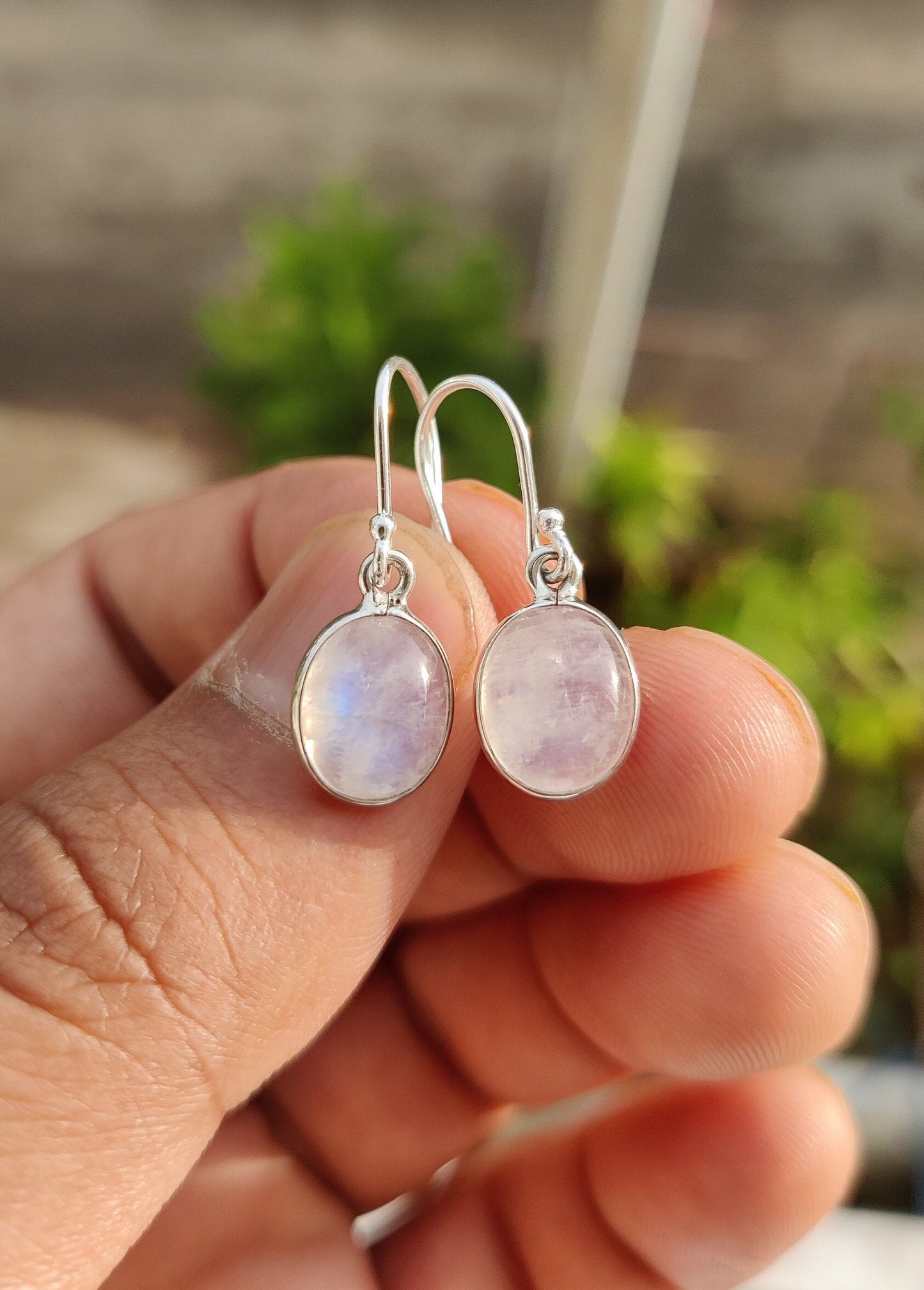Rainbow Moonstone Earrings, 925 Sterling Silver, Blue Flash Moonstone Jewelry, Cabochon Stone Earrings, White Gemstone Earrings Gift for Her