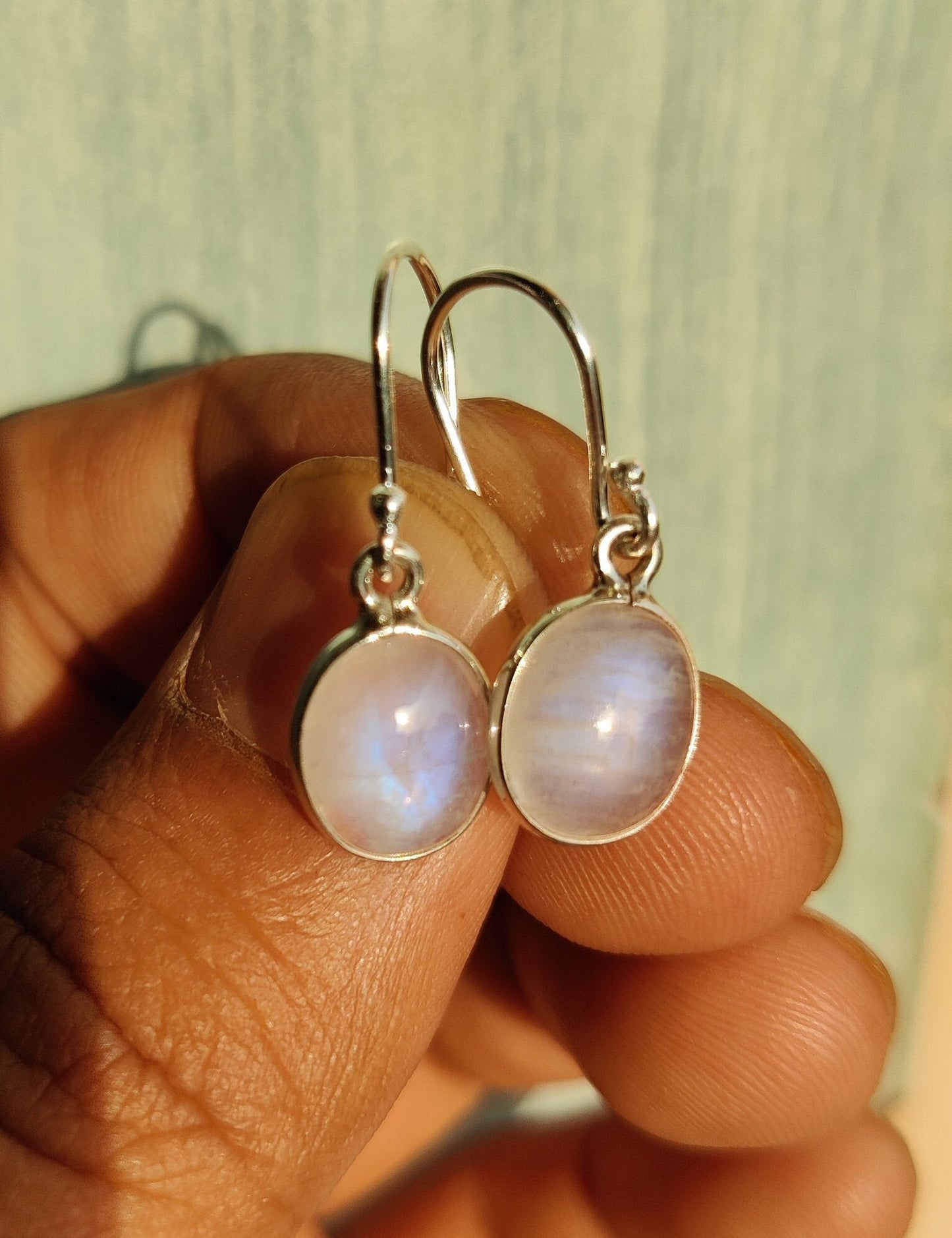 Rainbow Moonstone Earrings, 925 Sterling Silver, Blue Flash Moonstone Jewelry, Cabochon Stone Earrings, White Gemstone Earrings Gift for Her