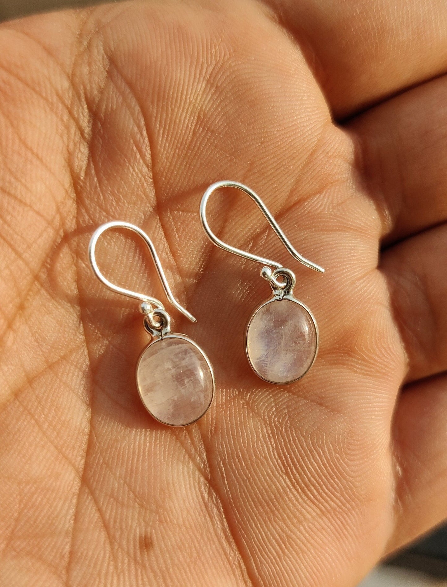 Rainbow Moonstone Earrings, 925 Sterling Silver, Blue Flash Moonstone Jewelry, Cabochon Stone Earrings, White Gemstone Earrings Gift for Her