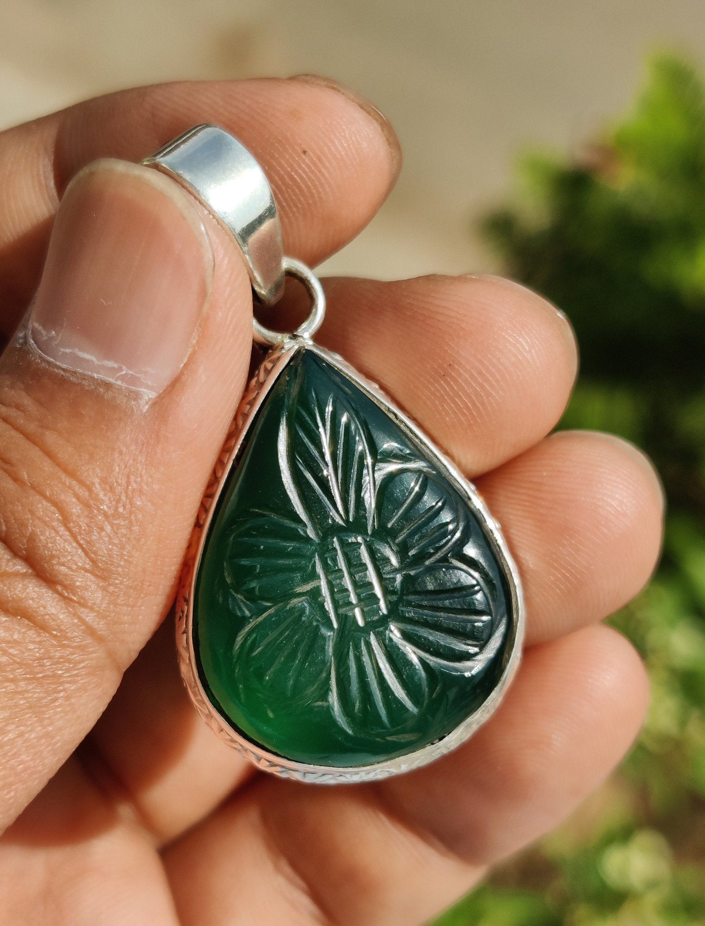 Green Onyx Carving Pendant, 925 Sterling Silver Pendant, Onyx Jewelry, Green Gemstone Pendant, Birthstone Pendant, Leo zodiac pendant