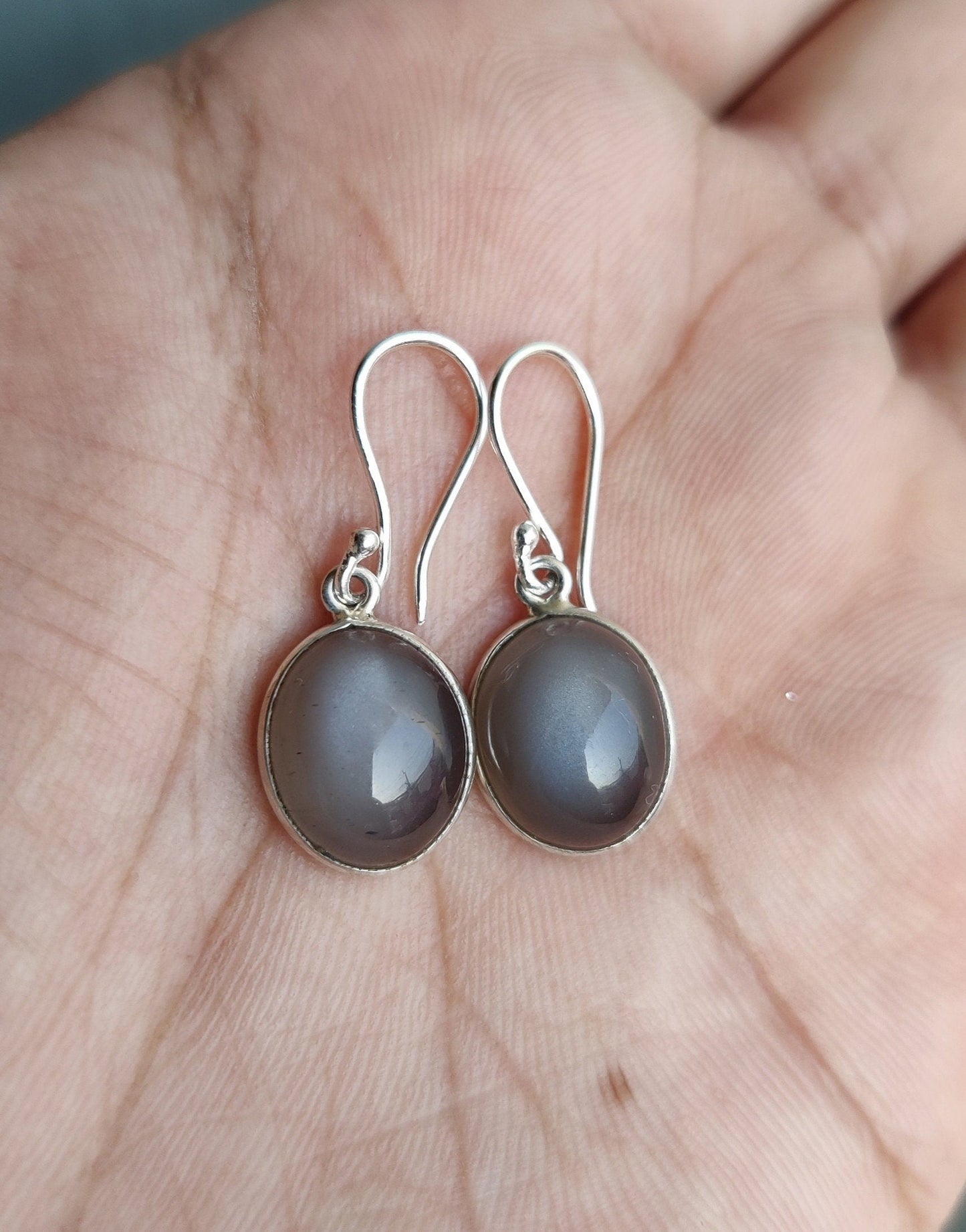 Gray Moonstone Earrings, 926 Sterling Silver, Genuine Gray Moonstone Artisan Crafted Oval Drop Earrings Gift, Everyday Earrings for Her