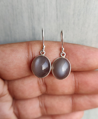 Gray Moonstone Earrings, 926 Sterling Silver, Genuine Gray Moonstone Artisan Crafted Oval Drop Earrings Gift, Everyday Earrings for Her