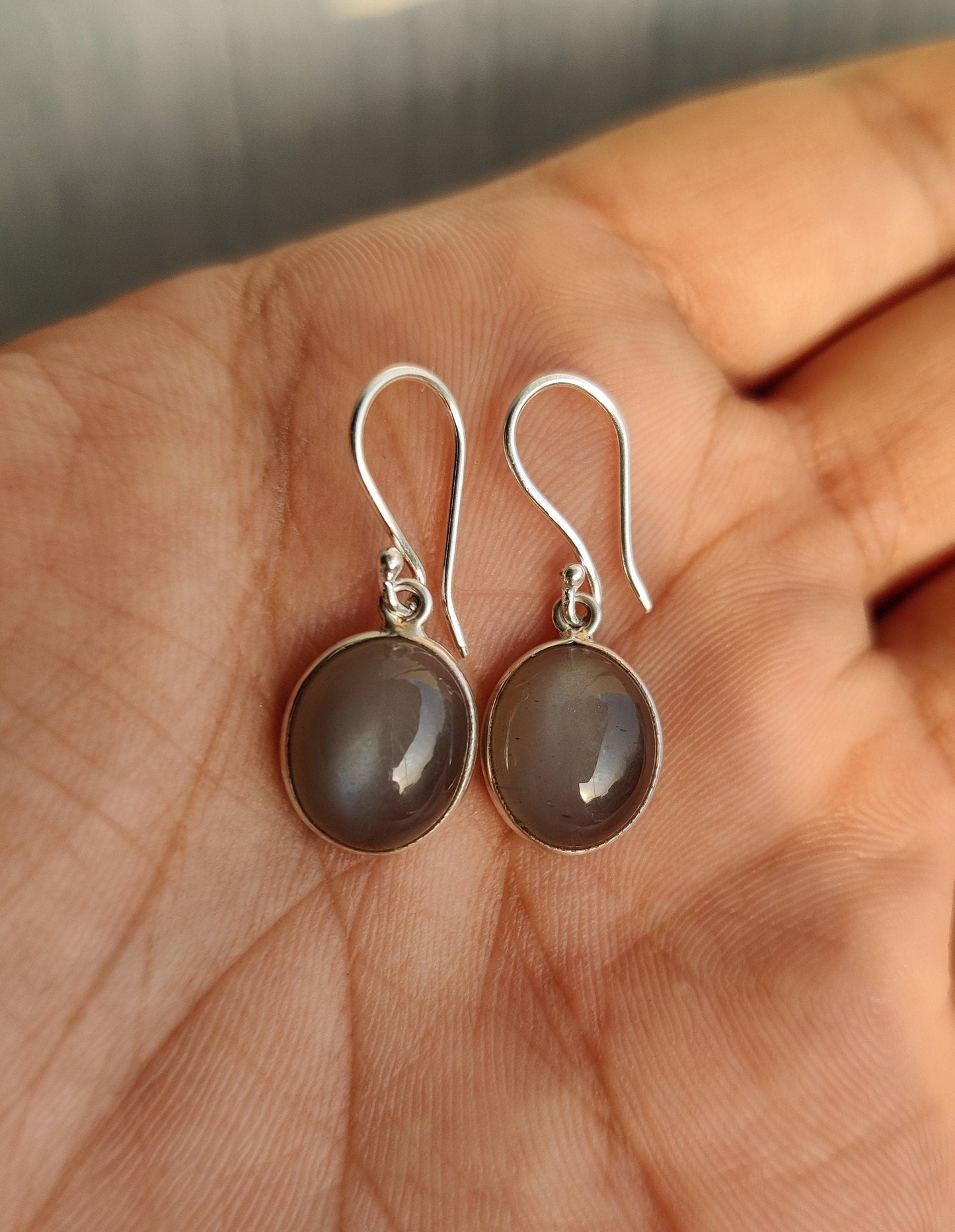 Gray Moonstone Earrings, 926 Sterling Silver, Genuine Gray Moonstone Artisan Crafted Oval Drop Earrings Gift, Everyday Earrings for Her