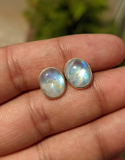 Rainbow Moonstone Stud Earrings, Healing Crystal Jewelry, Moonstone Post Earrings, 925 Sterling Silver Stud, Natural Stone Cabochon, for Her