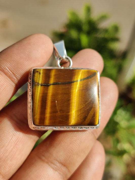 Rectangle Shape Tiger Eye Pendant, 925 Solid Silver Pendant, Tiger's Eye Jewelry, Healing Chakra Pendant, Brown Cabochon Stone, Gift for Him