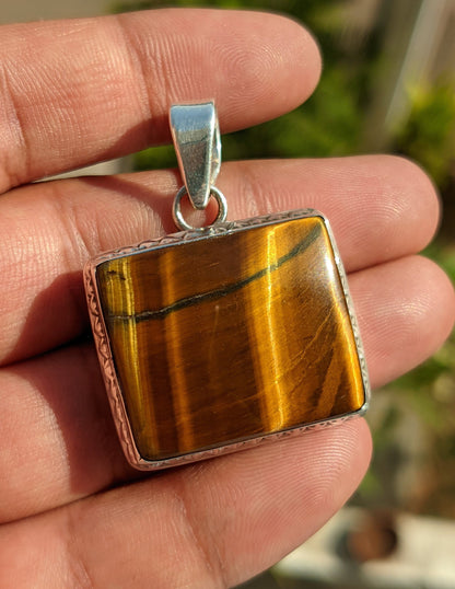 Rectangle Shape Tiger Eye Pendant, 925 Solid Silver Pendant, Tiger's Eye Jewelry, Healing Chakra Pendant, Brown Cabochon Stone, Gift for Him
