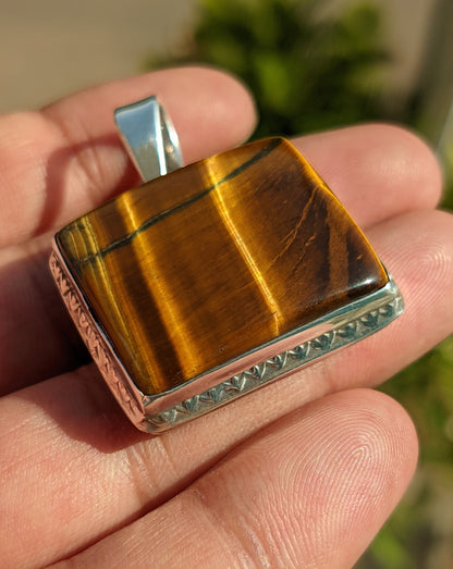 Rectangle Shape Tiger Eye Pendant, 925 Solid Silver Pendant, Tiger's Eye Jewelry, Healing Chakra Pendant, Brown Cabochon Stone, Gift for Him