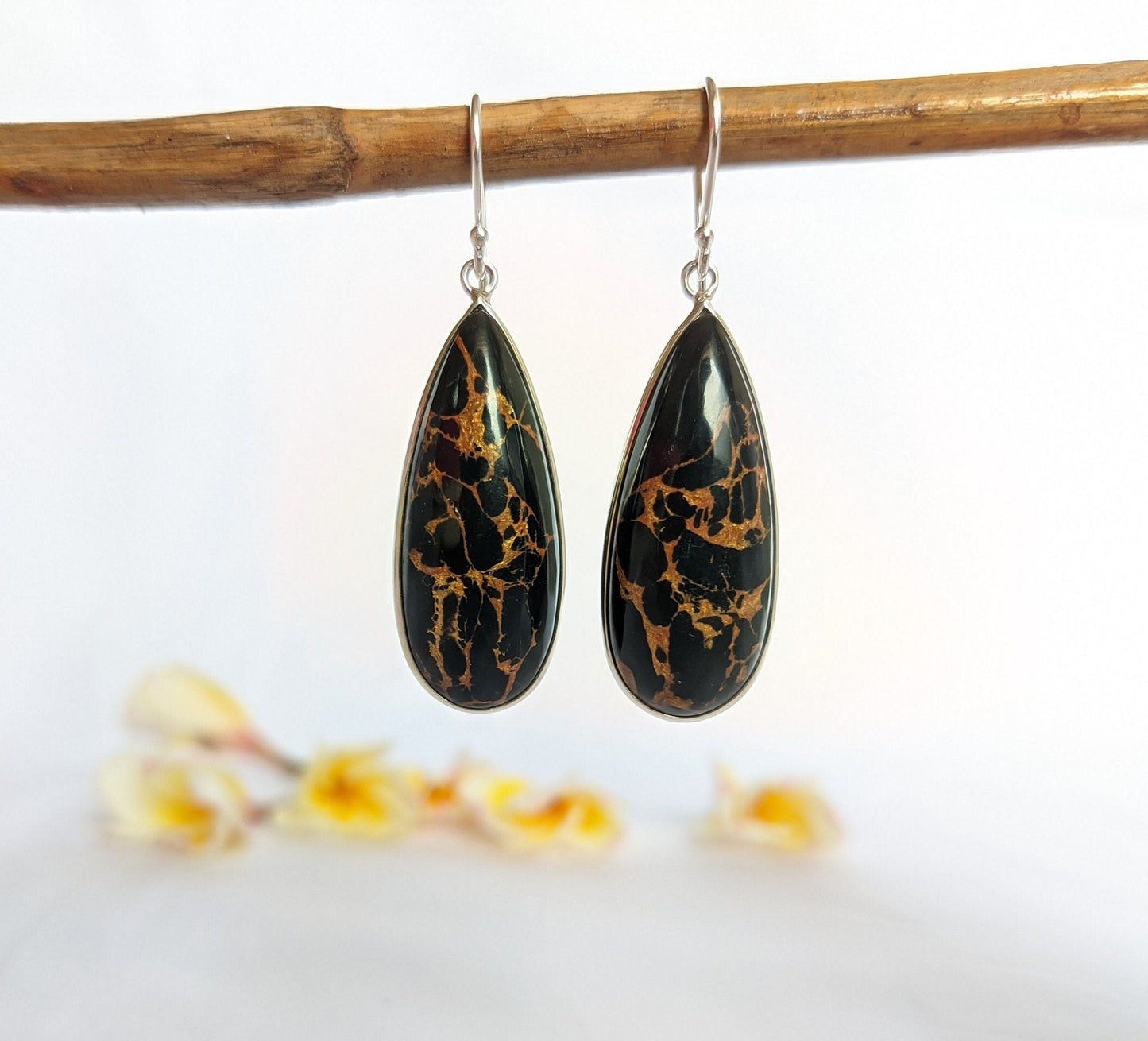 Black Copper Turquoise Earrings, 925 Sterling Silver Earrings, Teardrop Dangle Earrings, Copper Turquoise Jewelry, Composite Turquoise
