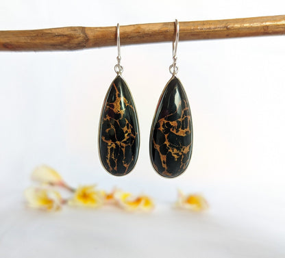 Black Copper Turquoise Earrings, 925 Sterling Silver Earrings, Teardrop Dangle Earrings, Copper Turquoise Jewelry, Composite Turquoise