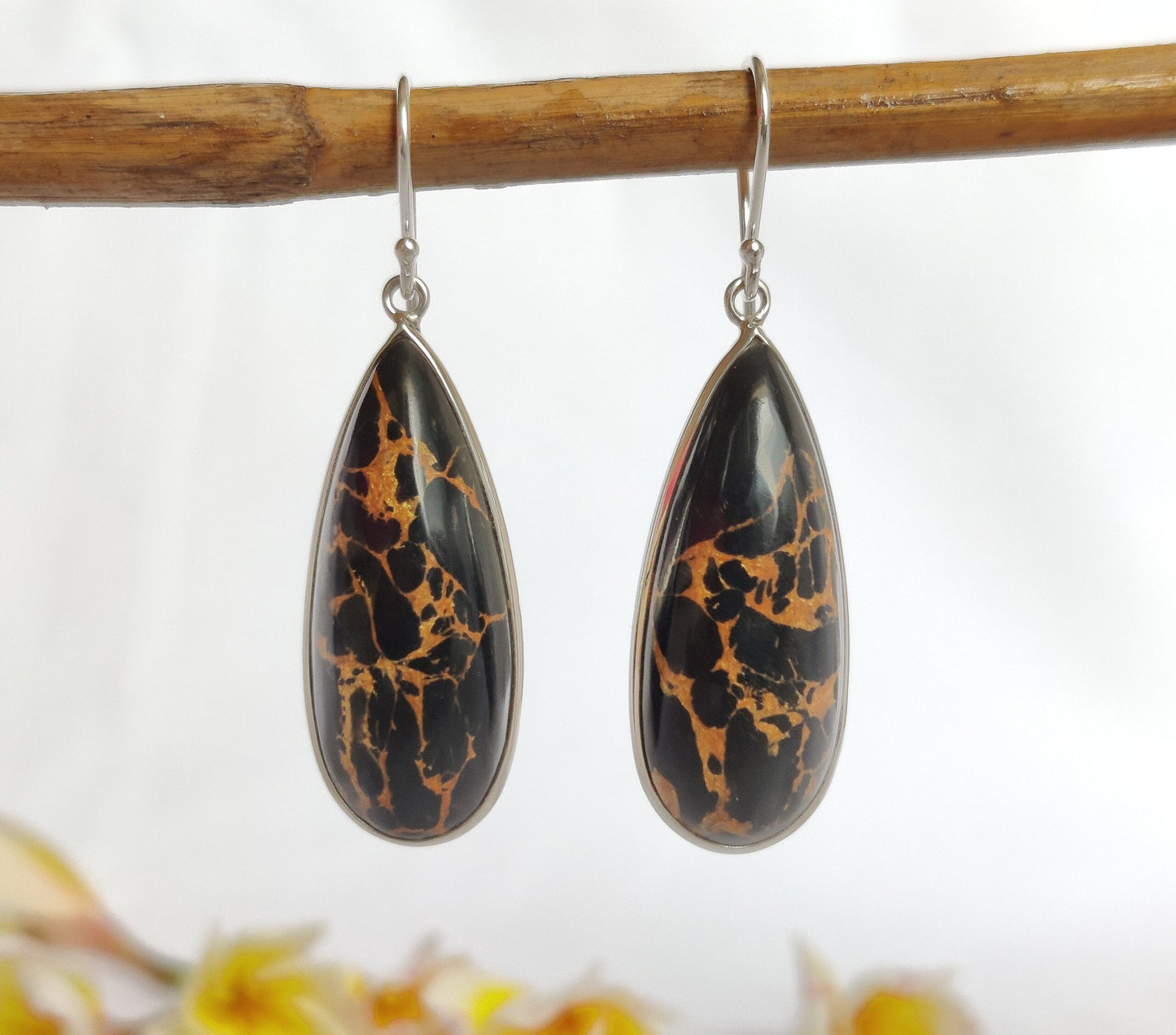 Black Copper Turquoise Earrings, 925 Sterling Silver Earrings, Teardrop Dangle Earrings, Copper Turquoise Jewelry, Composite Turquoise