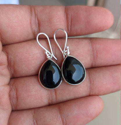 Natural Black Onyx Earrings, 925 Sterling Silver Dangle Earrings, Cabochon Onyx, Handmade Jewelry, Gift Idea, Black Stone Earrings for Her