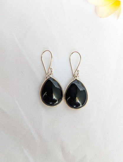 Natural Black Onyx Earrings, 925 Sterling Silver Dangle Earrings, Cabochon Onyx, Handmade Jewelry, Gift Idea, Black Stone Earrings for Her