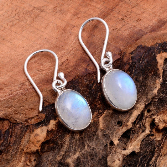 Rainbow Moonstone Earrings, 925 Sterling Silver, Blue Flash Moonstone Jewelry, Cabochon Stone Earrings, White Gemstone Earrings Gift for Her