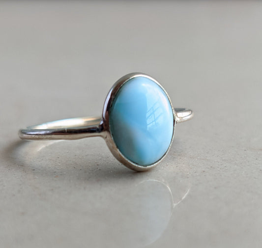 Larimar Ring, 925 Sterling Silver Ring, Cabochon Gemstone, Blue Stone, Handmade, Jewelry, Gift for Her, Everyday, Stackable Ring, for Women