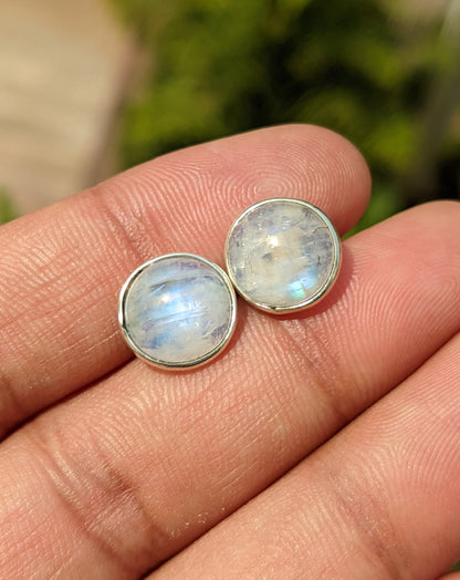 Rainbow Moonstone Studs Earrings, 925 Sterling Silver, June Birthstone, Moonstone Earrings, Gemstone Studs, Blue Flash Moonstone Jewelry