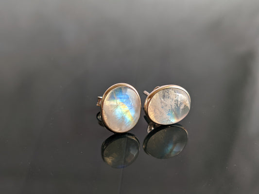 Rainbow Moonstone Stud Earrings, Healing Crystal Jewelry, Moonstone Post Earrings, 925 Sterling Silver Stud, Natural Stone Cabochon, for Her