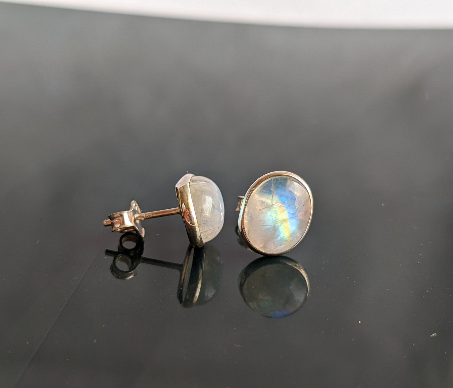 Rainbow Moonstone Stud Earrings, Healing Crystal Jewelry, Moonstone Post Earrings, 925 Sterling Silver Stud, Natural Stone Cabochon, for Her
