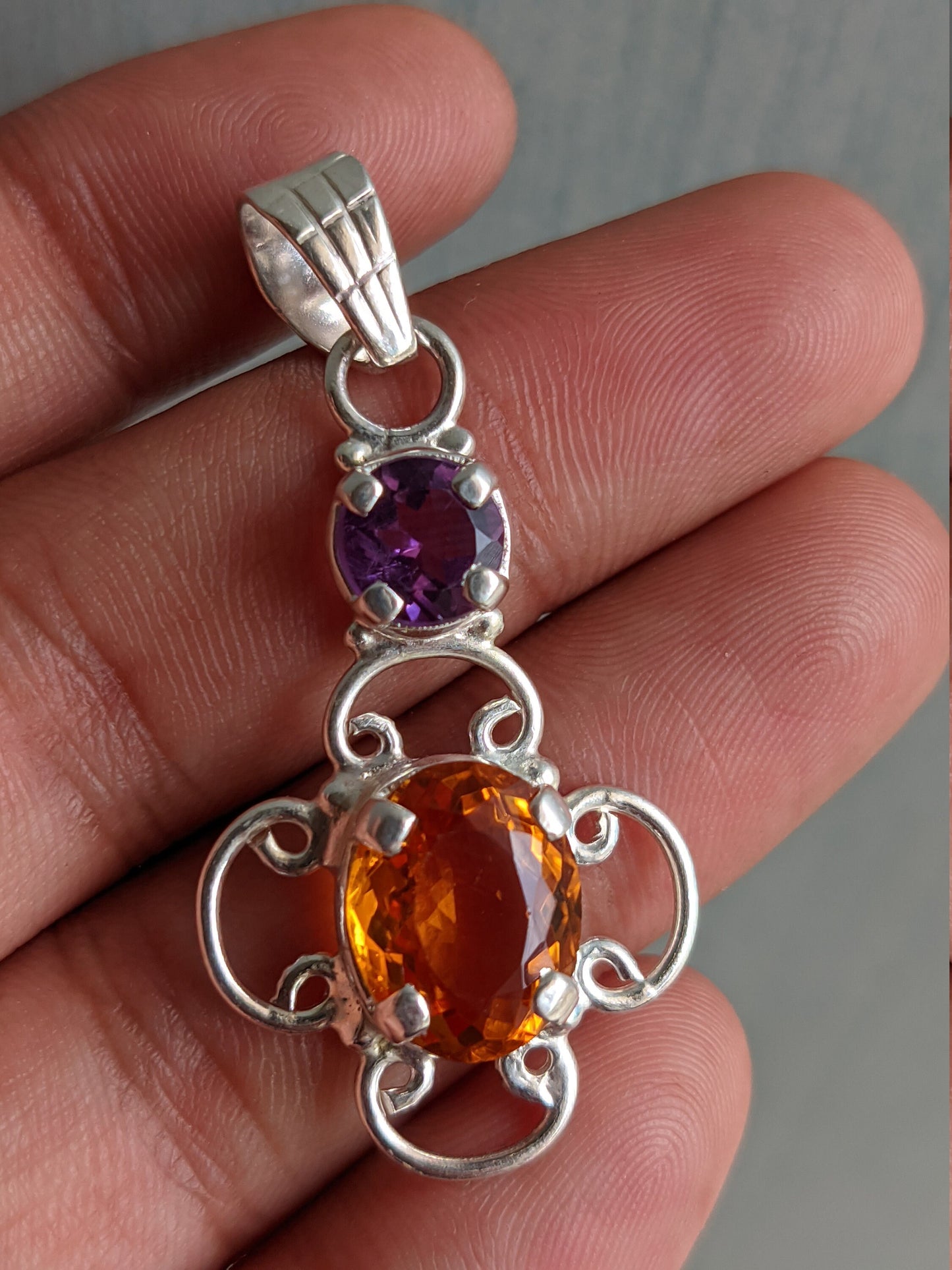 Natural Amethyst Citrine Pendant, 925 Sterling Silver Jewelry, Dual Stone Pendant, Unique Design, Teardrop, Handmade Gift for Her, Gemstone,