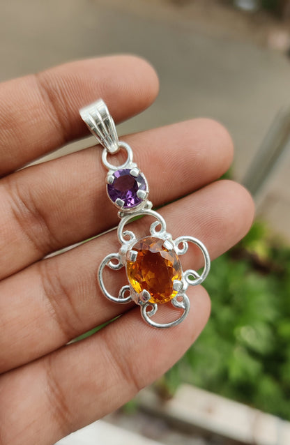 Natural Amethyst Citrine Pendant, 925 Sterling Silver Jewelry, Dual Stone Pendant, Unique Design, Teardrop, Handmade Gift for Her, Gemstone,