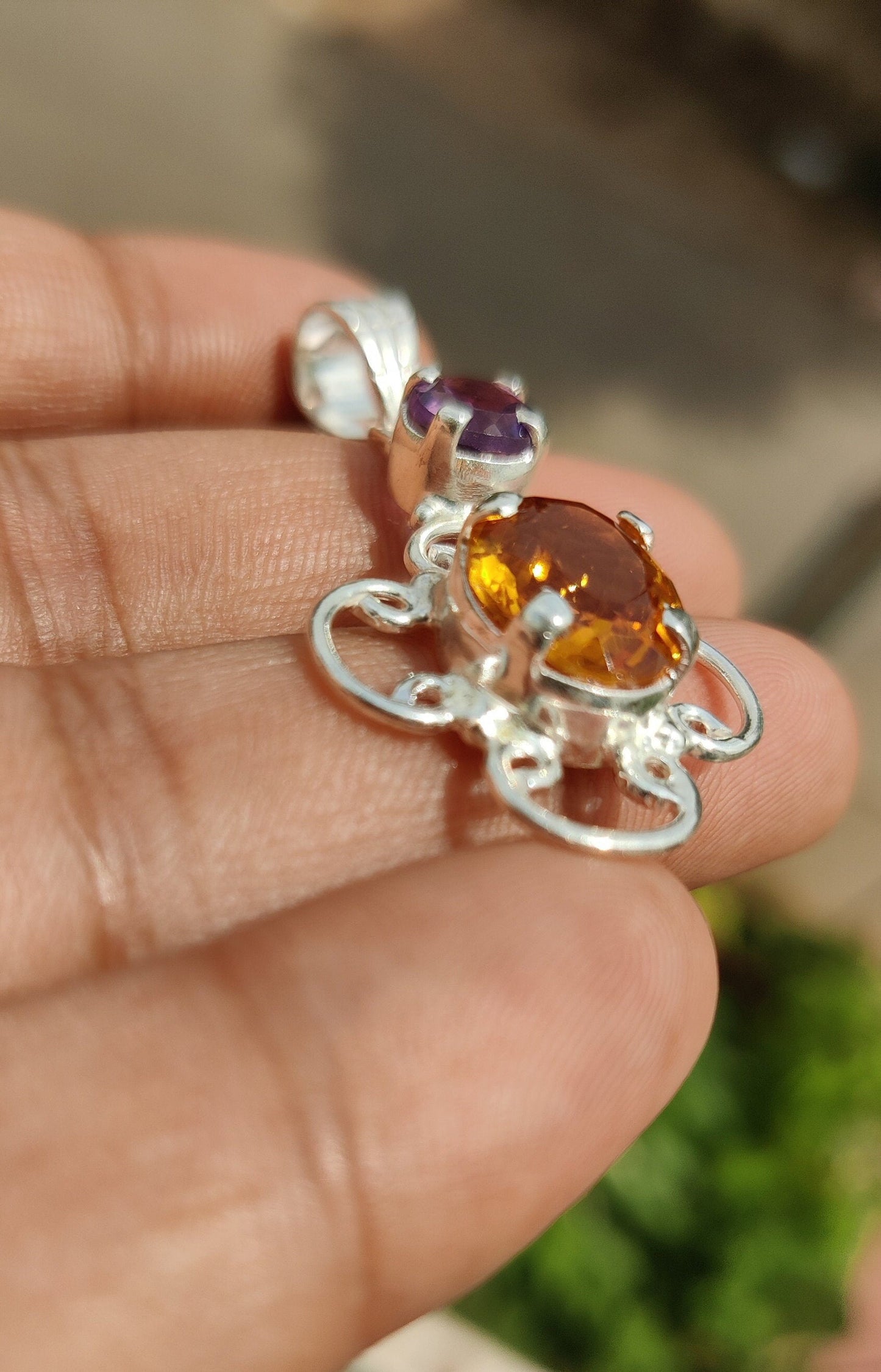 Natural Amethyst Citrine Pendant, 925 Sterling Silver Jewelry, Dual Stone Pendant, Unique Design, Teardrop, Handmade Gift for Her, Gemstone,