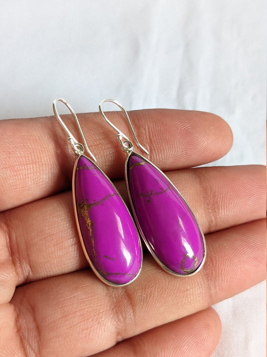 Purple Turquoise Earrings, 925 Sterling Silver Earrings, Drop Dangle, Everyday Jewelry, Teardrop, Women's Earrings, Cabochon Stone, For Her