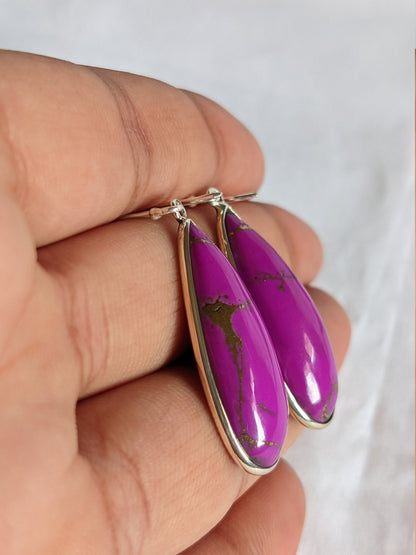 Purple Turquoise Earrings, 925 Sterling Silver Earrings, Drop Dangle, Everyday Jewelry, Teardrop, Women's Earrings, Cabochon Stone, For Her