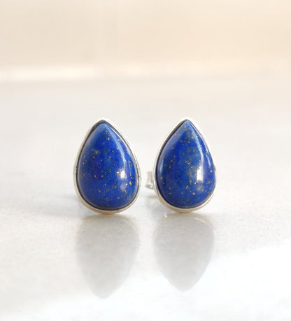 Lapis Lazuli Stud Earrings, 925 Sterling Silver Studs, Natural Blue Lapis, Pear Shape Studs, Cabochon Gemstone, Small Studs for Girls/Women